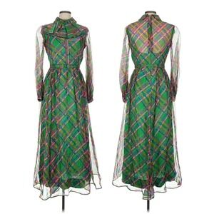 Malcolm Starr Rizkallah Vintage 70s Green Plaid Maxi Dress Bow Neck Sheer Sleeve